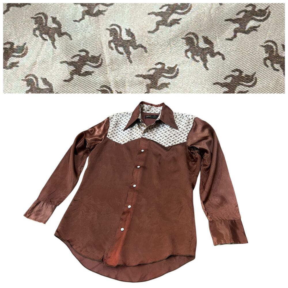 Vintage 1970s Brown Satin Western Shirt with Horse Pink Yoke / Men’s S/M -